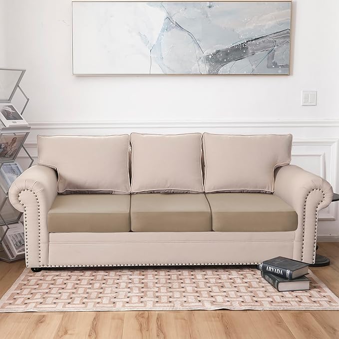 100% Waterproof Couch Cushion Covers, Replacement Sofa Cushion Covers, Stretch Individual Sofa Seat Cushion Slipcovers Furniture Protector for Kids Pets (3-Piece Sofa Cushion Cover, Sand)