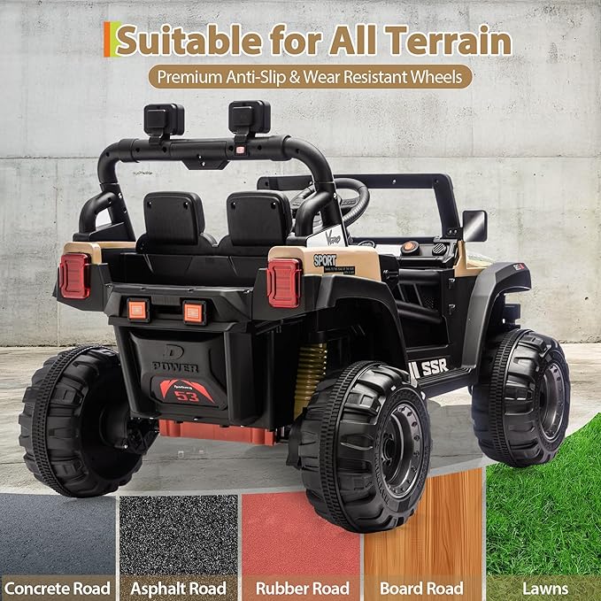 Kids Ride On Truck Car, 12V Ride On Toy Battery Powered Vehicles w/Parent Remote, Spring Suspension, Electric Car for Kids with Bluetooth Music, LED Light, Ideal Car Gift for Boys Girls, Khaki