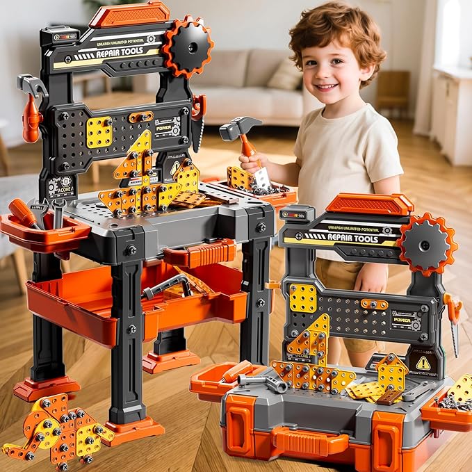 Kids Tools Toy Sets for Aged 3 4 5 6 7 8, 2 in 1 Workbench Toys for Toddlers 3-5, Pretend Play Toolbox, Construction Mechanic Set with Sound, Educational Birthday Gift for Boys Girls Ages 3-8