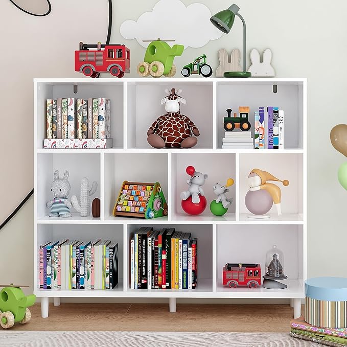 10 Cube Storage Organizer |Wide Bookshelf|3 Shelf Bookcase |Library Bookcase -Cubic Storage Cabinet（Storing Books,Toys & More Easy to Install）