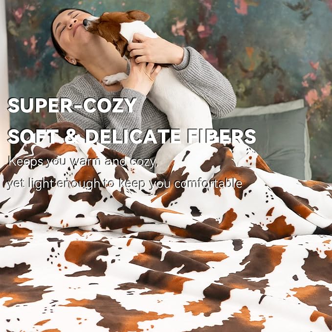 GEULAY Fleece Blanket Twin Size Brown and White Cow Print Throw Blanket Lightweight Cozy Plush Twin Bed Blanket Fuzzy Cute Couch Blanket All Season 60"x80"