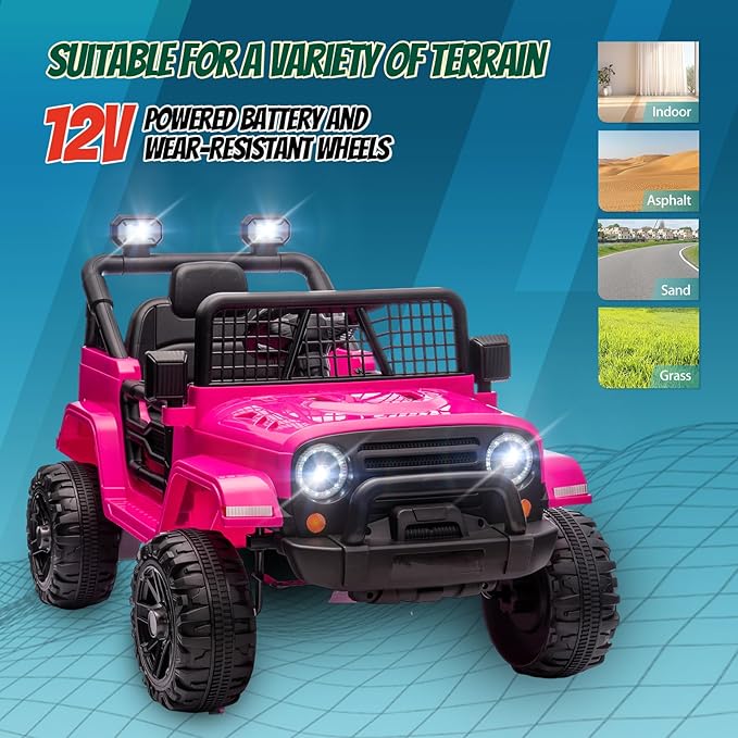 JOYMOR 12V Kids Ride on Truck with Remote Control, 4 Wheels Battery Powered Kids Car, Electric Play Car with LED Lights/Horn/Remote and Manual Control/3-5 MPH Speed/Gift for Girl Boy (Hot Pink)