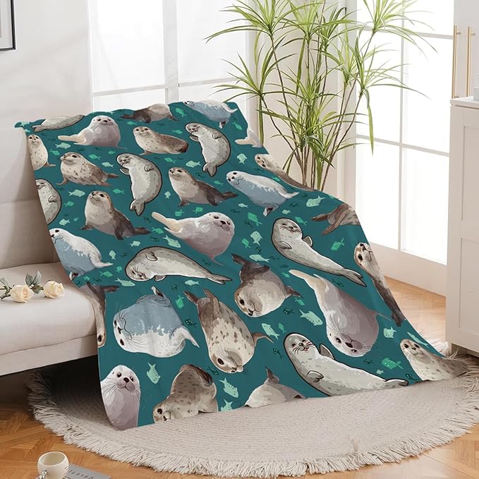 Seal Throw Blanket Ocean Seal Stuff Gifts for Kids Girls Boys Adults Women Men Soft Cozy Warm Plush Fluffy Fuzzy Fleece Blanket Decor 50''X60''