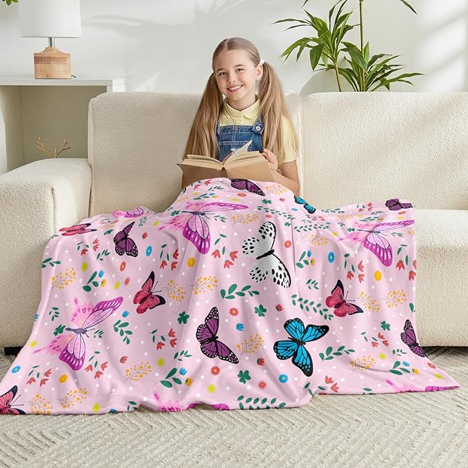 Wajade Butterfly Throw Blanket for Girls Teens Women Pink Soft Fuzzy Flannel Bed Blanket for Couch Sofa Bedroom Plush Colorful Flowers Blankets 50”x60”