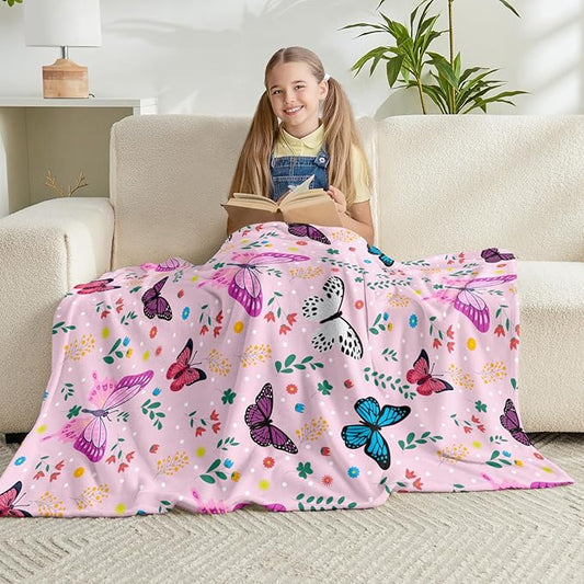 Wajade Butterfly Throw Blanket for Girls Teens Women Pink Soft Fuzzy Flannel Bed Blanket for Couch Sofa Bedroom Plush Colorful Flowers Blankets 50”x60”