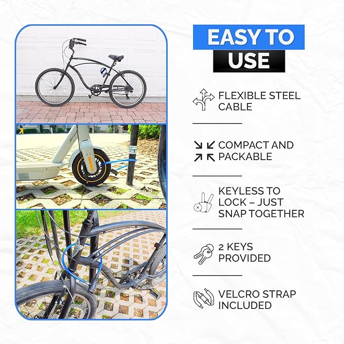 Bike Cable Lock Set with Key Lock, Mounting Bracket, Portable and Compact Anti-Theft Security for Bikes, Scooters and More 4ft