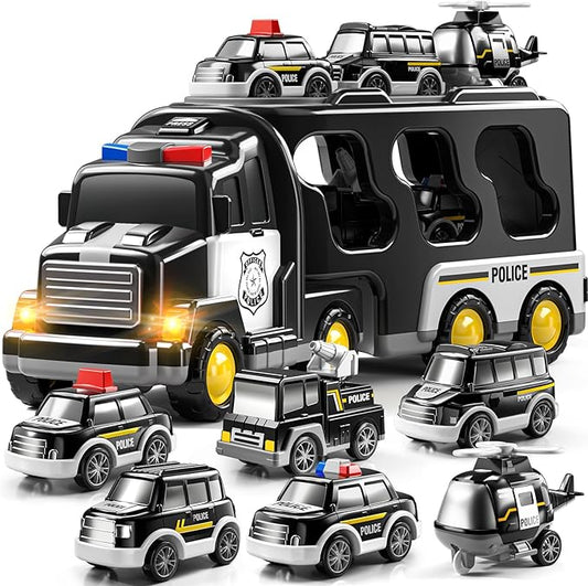 Police Truck Toy for 3-9 Years Old Boys & Girls - 7 in 1 Black Carrier Vehicle Set with 5 Toy Cars & 1 Helicopter, Friction Powered Car for Kids Age 1-3, Birthday Gifts for Toddlers 3-5