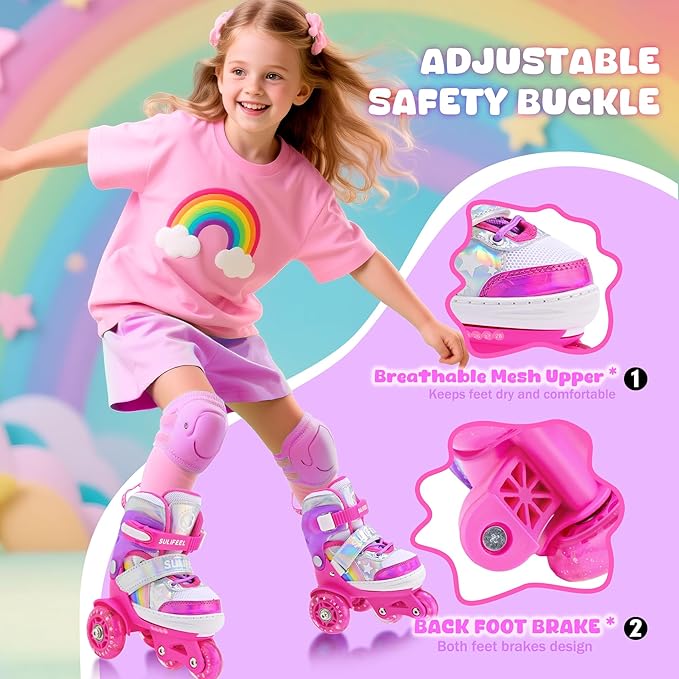 SULIFEEL Rainbow Unicorn 4 Size Adjustable Light up Roller Skates for Girls Boys for Kids