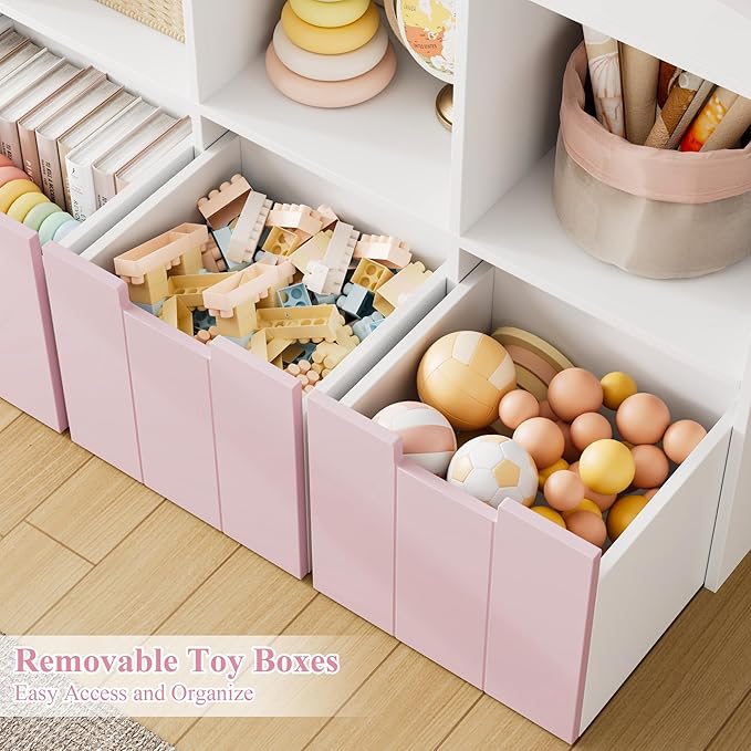 HITHOS 55.3"H Kids Bookshelf with Toy Storage Organizer, Tall Book Shelf with 3 Mobile Toy Storage Bins, Large Kids Bookcase with Toy Chest, 39.2"W Modern Toy Box for Kid Room, Playroom, Pink, White