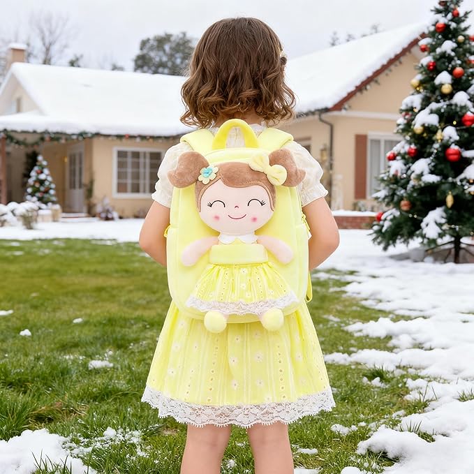 Gloveleya Back to School Gifts for Girls Kids Backpack Toddler Girls Backpacks with Soft Plush Spring Girl Doll Toys Yellow