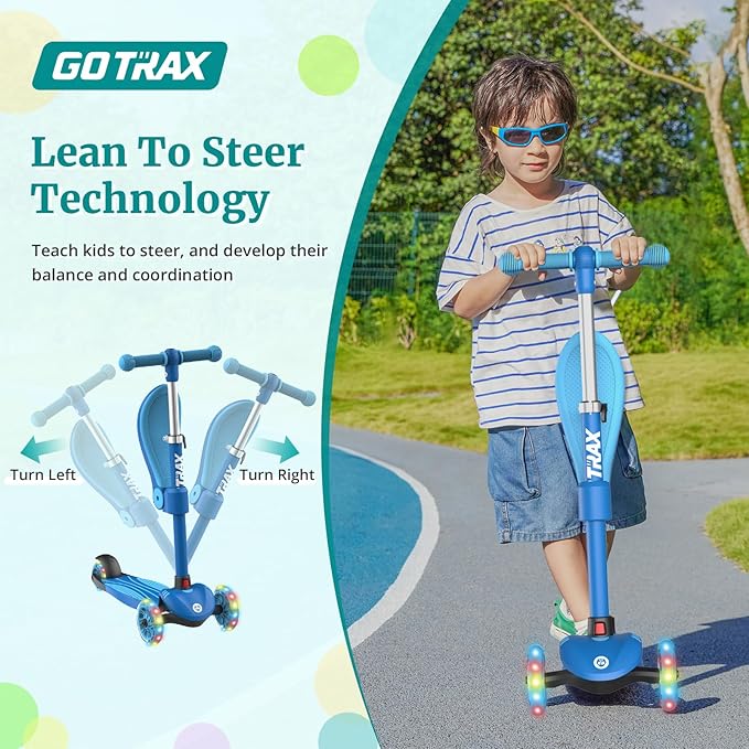 Gotrax KS3 Kids Kick Scooter, LED Lighted Wheels, Adjustable Height Handlebars and Removable Seat, Lean-to-Steer & Widen Anti-Slip Deck, 3 Wheel Scooter for Kids Ages 2-8 and up to 100 Lbs