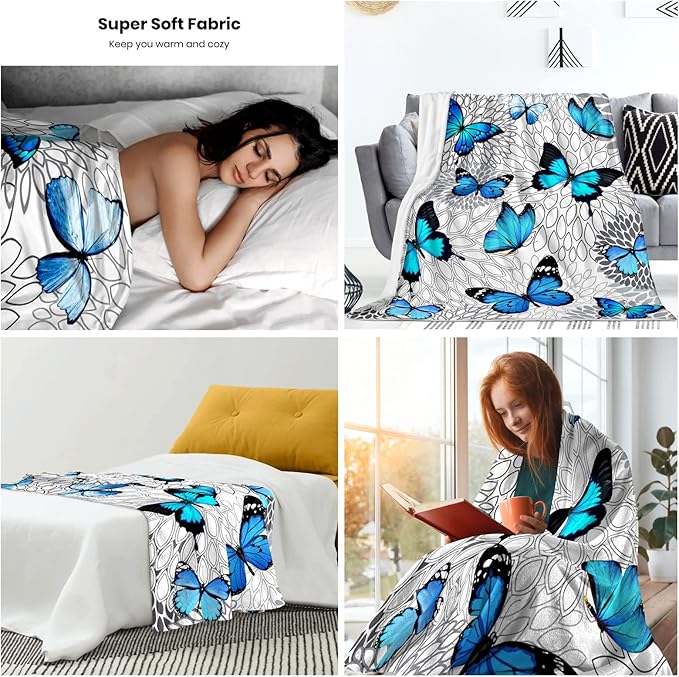 Butterfly Blanket Beautiful Blue Butterfly Throw Blanket Ultra Soft Flannel Butterflies Blanket Gifts for Kids Adults 60"X50"