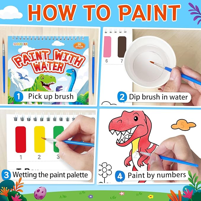 Paint with Water Coloring Books for Toddlers, Dinosaurs Theme Mess Free Watercolor Painting Papers for Kids Water Color Paint Kit Art Craft Birthday Gift for Ages 1-3, 4-8