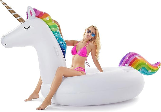 Jasonwell Giant Inflatable Unicorn Pool Float Floatie Ride On with Fast Valves Large Rideable Blow Up Summer Beach Swimming Pool Party Lounge Raft Decorations Toys for Kids Adults