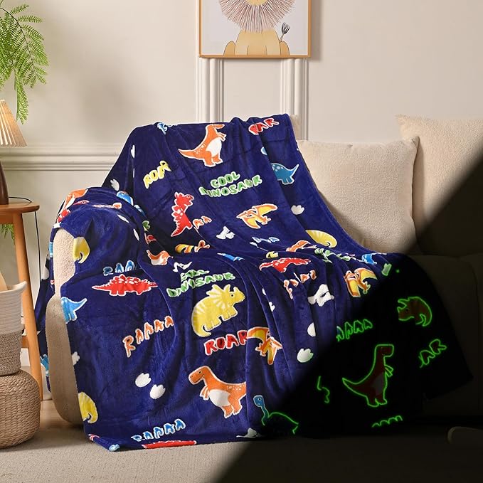 Dinosaur Glow in The Dark Blanket Dinosaur Toys Gifts for Boys Girls 1 2 3 4 5 6 7 8 9 10 11 12 Year Old Kids Blanket with Dino Soft Fleece Bed Couch Throw Home Decor (Navy Blue 60"x80")