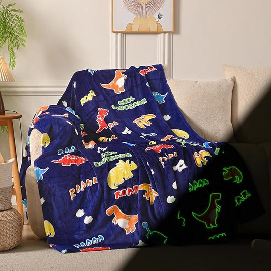 Dinosaur Glow in The Dark Blanket Dinosaur Toys Gifts for Boys Girls 1 2 3 4 5 6 7 8 9 10 11 12 Year Old Kids Blanket with Dino Soft Fleece Bed Couch Throw Home Decor (Navy Blue 60"x80")