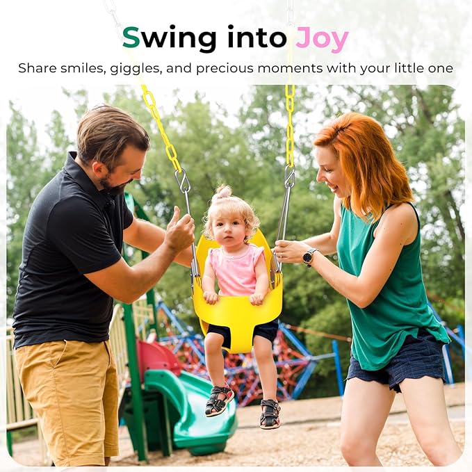 DECORLIFE Toddler Swing - High Back Full Bucket Seat for Ages 1-3, 330lb Capacity, Baby Infant Swing Outdoor with Safety Design, Plastic-Coated Chains, Carabiners for Backyard, Garden-Yellow