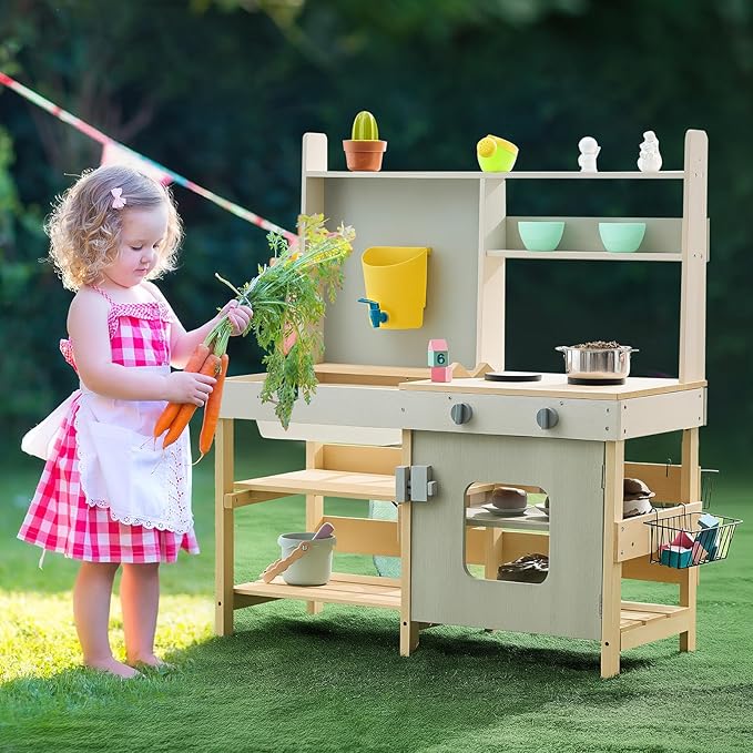 VEVOR Mud Kitchen for Kids, Wooden Toy Play Kitchen Set, Outdoor Toddler Grocery Store Playset, Pretend Play Kitchen with Stoves, Tank, Faucet, Storage Bag, Metal Baskets, and Cookware Pots