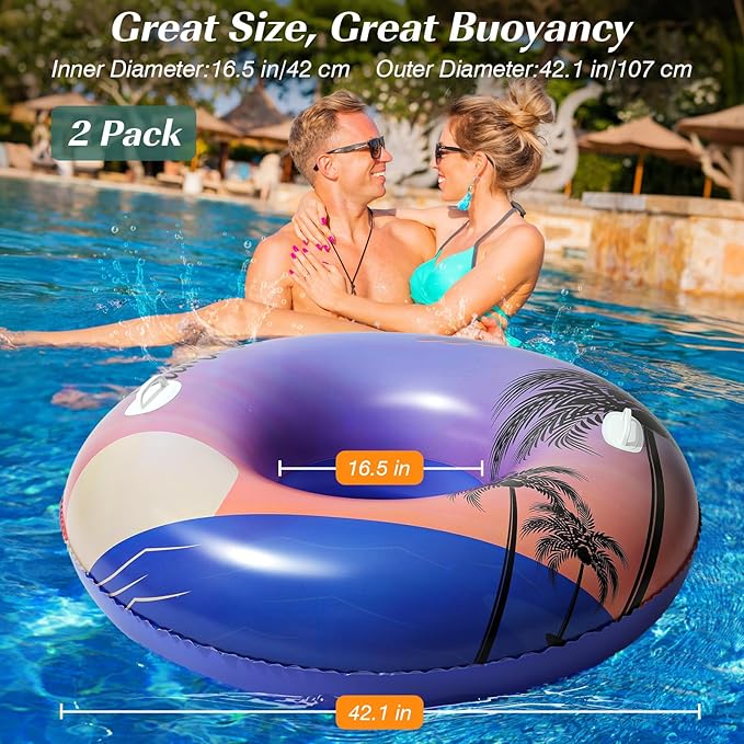 HeySplash Pool Tubes for Adult, 2 Packs 42 Inch Large Floats Tube Rafts with Handles, Inflatable Swimming Ring Lounge, Hawaii Fun Swim Floaties River Pool Beach Lake Party Decoration, Purple Sunset