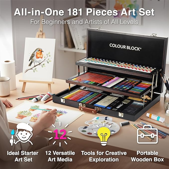 COLOUR BLOCK 181 pc Mixed Media Art Set in Exquisite Wooden Case - Acrylic & Water color Paints, Sketching, Colored Pencils, Soft & Oil Pastels