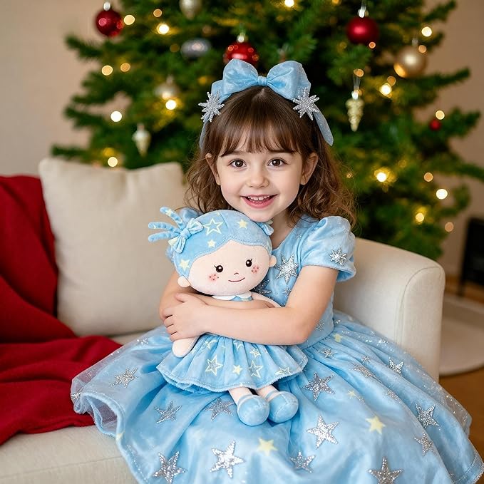 Onetoo First Baby Doll Plush Rag Doll Baby Girls Dolls Soft Baby Doll for Girls Wear Star Blue Sleeveless Dress 14"