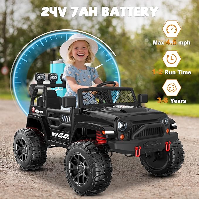 ANPABO 24V Ride on Toys for Big Kids, 2 Seater, 4x200W Motors, EVA Tires, Remote Control, 4 Shock Absorbers, Bluetooth, Electric Ride on Car for Kids 3-8(Black)