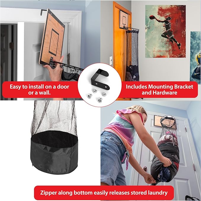 Wooden Basketball Hamper - Hoop Laundry Basket Over the Door - Room Decor