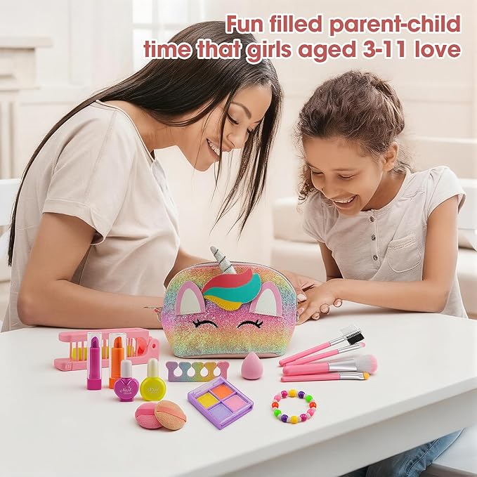 21 Pcs Kids Makeup Kit for Girls with Large Unicorn Travel Makeup Organizer, Washable Pretend Cosmetic Play Set with Portable Vanity Makeup Bag, Princess Make Up Gifts for Girls Ages 3+