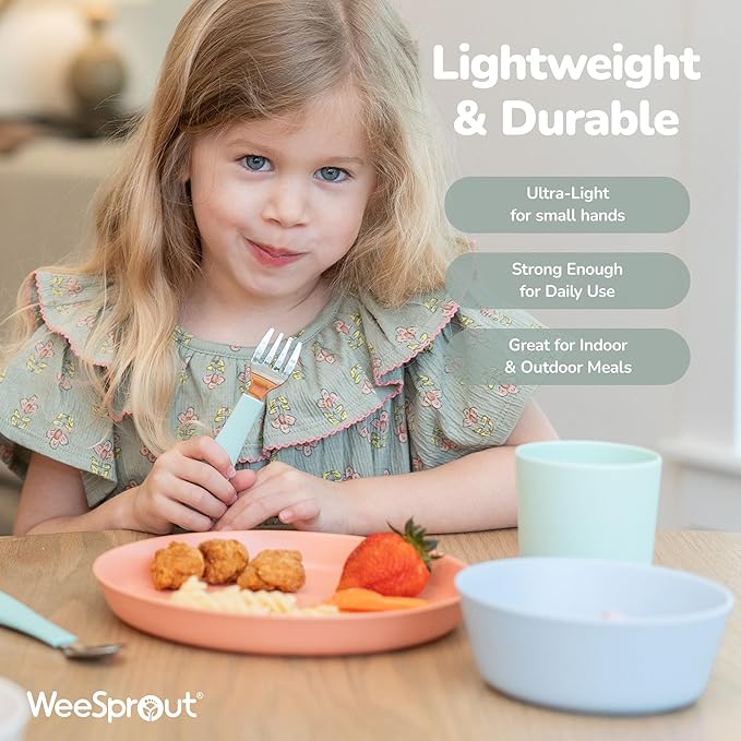 WeeSprout Bamboo Plates, Set of 4, Kid-Sized Dinnerware, Dishwasher Safe Melamine Dishware (Blue, Green, Gray, & Beige, Without Lids)
