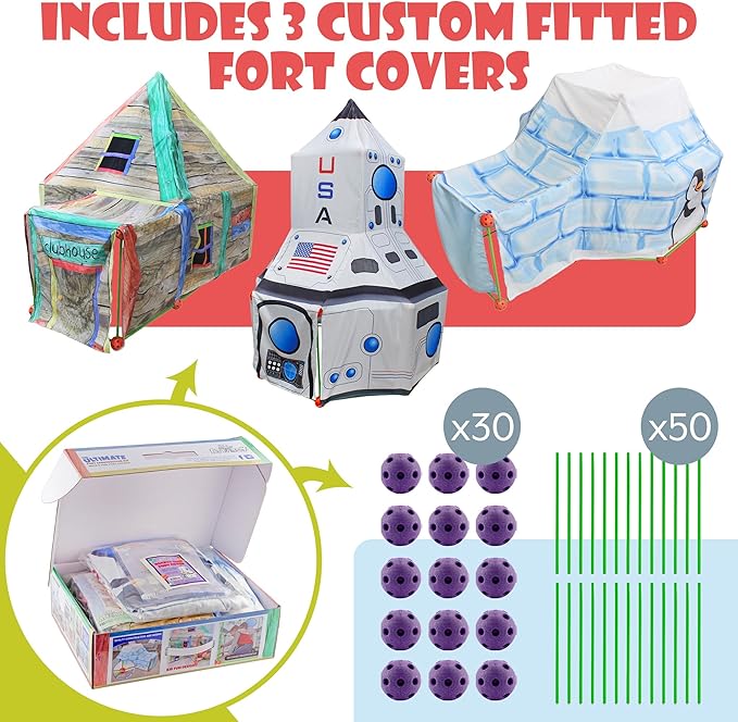 Ultimate Play Fort Kit (83-Piece Set), Stick and Ball Fort Building Kit w/ 3 Play Tent Covers