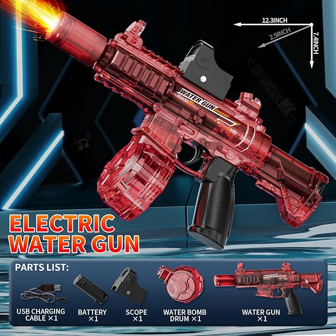 Electric Water Guns for Kids Adults, Transparent Automatic Squirt Guns, Summer Outdoor Beach Swimming Pool Party Toys (Red)