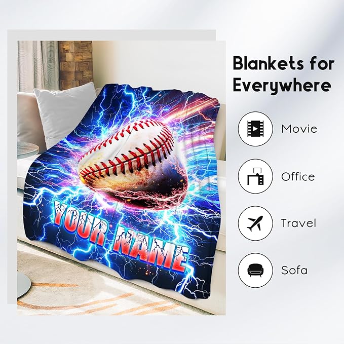 Baseball Blanket Gifts Personalized Kids Blanket for Boys - Custom Name Soft Cozy Throws for Men, Adults & Sport Lovers (4 Sizes Choose)