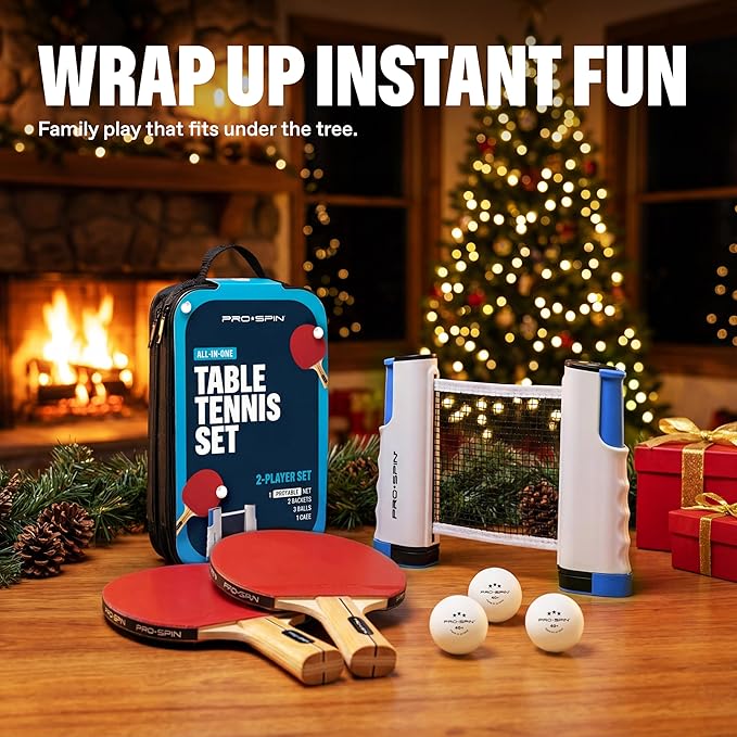 PRO-SPIN Portable Ping Pong Set with Retractable Ping Pong Net for Any Table, All-in-One Table Tennis Set with Ping Pong Paddles, Balls & Case, Table Top Family Game