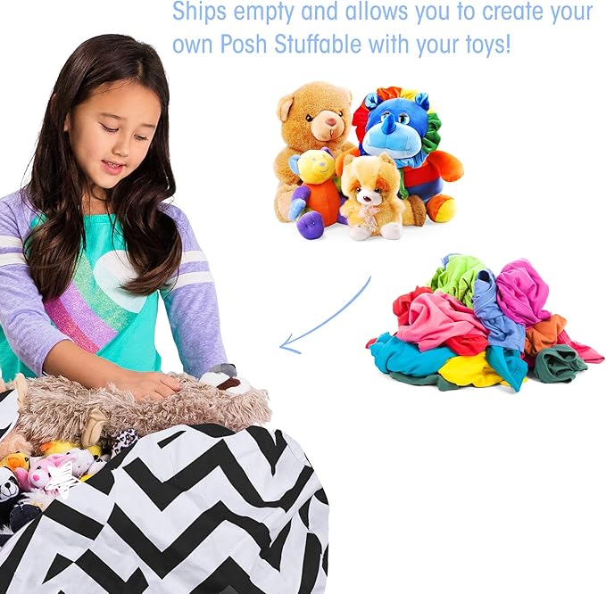 Posh Creations Kids Stuffed Animal Storage Bean Bag Chair Cover - Childrens Toy Organizer, Medium-27in, Canvas Chevron Black and White