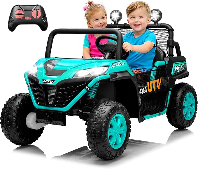2 Seater 24V Ride On Toys for Big Kids, Electric UTV Car with Remote Control, 4-Wheeler Suspension, Soft Start, Bluetooth, MP3, Lights, Ride on Truck Kids 3 Years+, Green