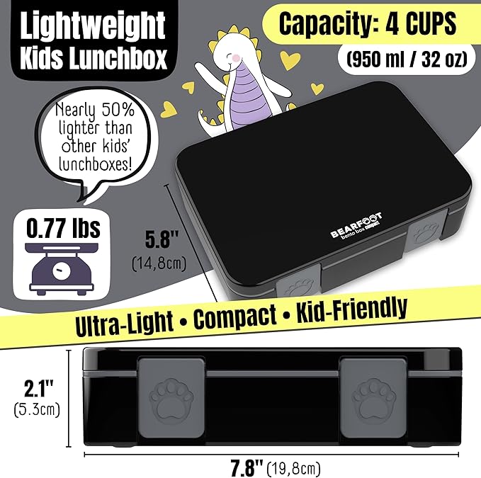 BEARFOOT Kids Lunch Box with Compartments – Compact & Lightweight | Leak-Proof, BPA-Free, Dishwasher & Microwave Safe | Hand-Drawn Design for Preschool, School, Travel (Black, 4 Cups)