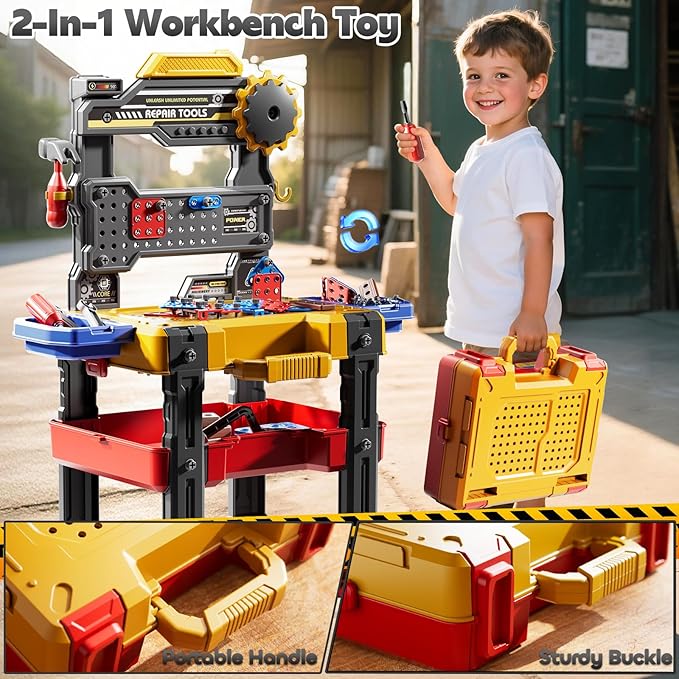 2 in 1 Workbench Tools Toys Set with Sound for Toddlers Aged 3-5, 145 PCS Educational Construction Mechanic Toolbox for Boys Girls, Pretend Play Toys Birthday Gift for Kids 3 4 5 6 Years Old
