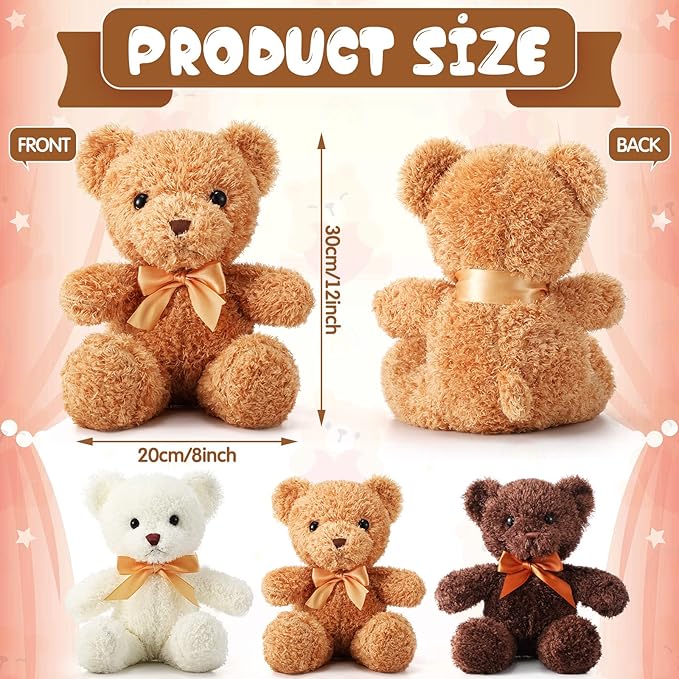 HyDren 12 Pack 12 Inch Stuffed Bear Animal Cute Bulk Plush Toys with Ribbon Bow Ties Soft Bears for Baby Shower Birthday Party Favors(Light Brown, Dark Brown, White)