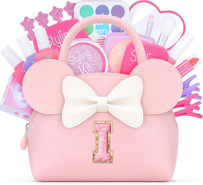 Pretend Makeup Kit for Toddlers Kids- 21Pcs Make Up Toys with Initial Toddler Purse - Birthday Gifts for 3 4 5 Years Old Girls Vanity Set Christmas Birthday Gift Pink I