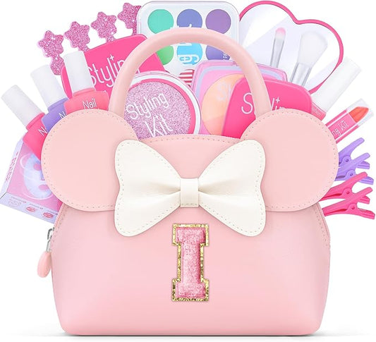 Pretend Makeup Kit for Toddlers Kids- 21Pcs Make Up Toys with Initial Toddler Purse - Birthday Gifts for 3 4 5 Years Old Girls Vanity Set Christmas Birthday Gift Pink I