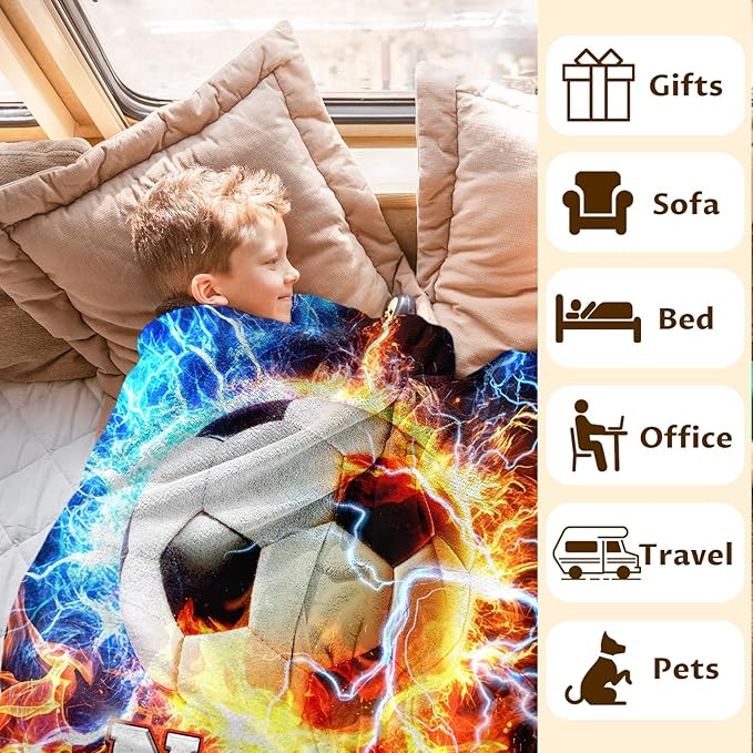 Soccer Blanket for Kids Boys, Personalized Name 40x30 Inches Small Soft Warm Cozy Custom Sports Stuff Accessories Blankets Gifts for Sofa Chairs