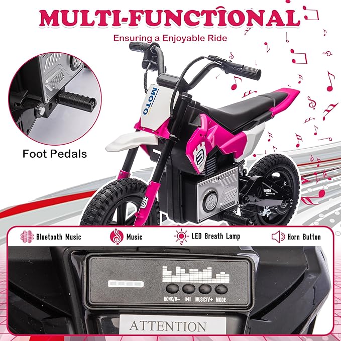 Electric Motorcycle for Kids Ages 5-10, 24V 200W Higher Speed Electric Dirt Bike, Kids Ride On Motorcycle with Rear Wheel Shock Absorber, LED Breath Light, Bluetooth, Music, Horn, Pink