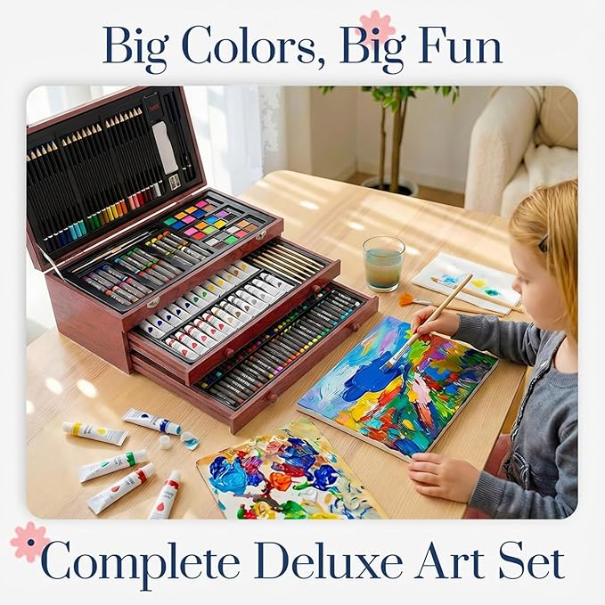 194 Piece Deluxe Art Set, Painting Drawing Art Supplies with 4 Drawing Pads, Acrylic Paints, Crayons, Colored Pencils Set in Wooden Case, Art Kit Gift Box for Kids, Teens, Adults, Artists, Beginners