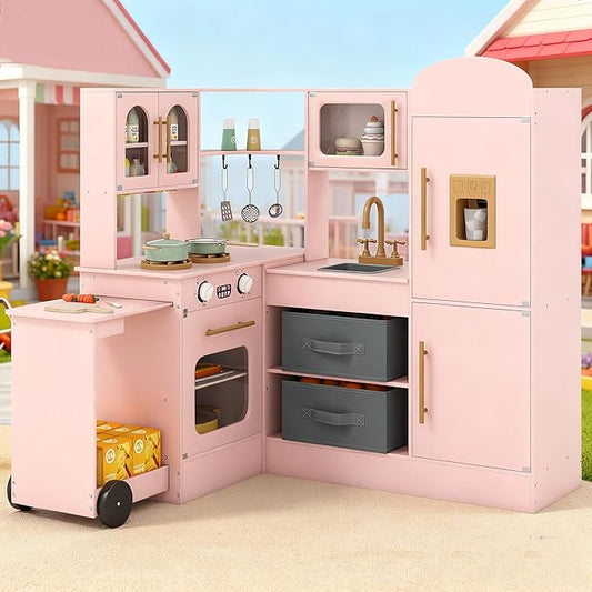 Costzon Corner Play Kitchen, Little Chef Pretend Play Kitchen w/Real Light & Sound, Pull-Out Cart, Fabric Bins, Stoves, Ice Maker, Microwave, Oven, Wooden Kitchen Playset for Kids Ages 3+ (Pink)