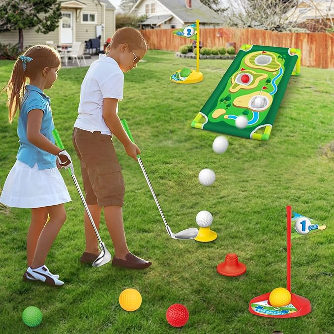 Toddler Golf Set, Golf Clubs Length Adjustable with Mat & Golf Cornhole, Upgraded Kids Golf Clubs with 8 Balls, Indoor & Outdoor Sports Toys Birthday Gifts for 3 4 5 6 Years Old Boys Girls