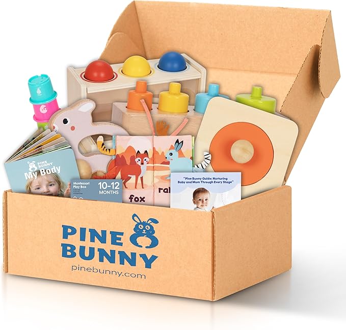 Pine Bunny Montessori Wooden 11-in-1 Toy Set for 10+ Months, Cylinder Block, Push Ball Box, Mirror Puzzle, Stacking Cups Rabbit Rattle Soft Book Educational Learning Color Recognition Fine Motor Toys
