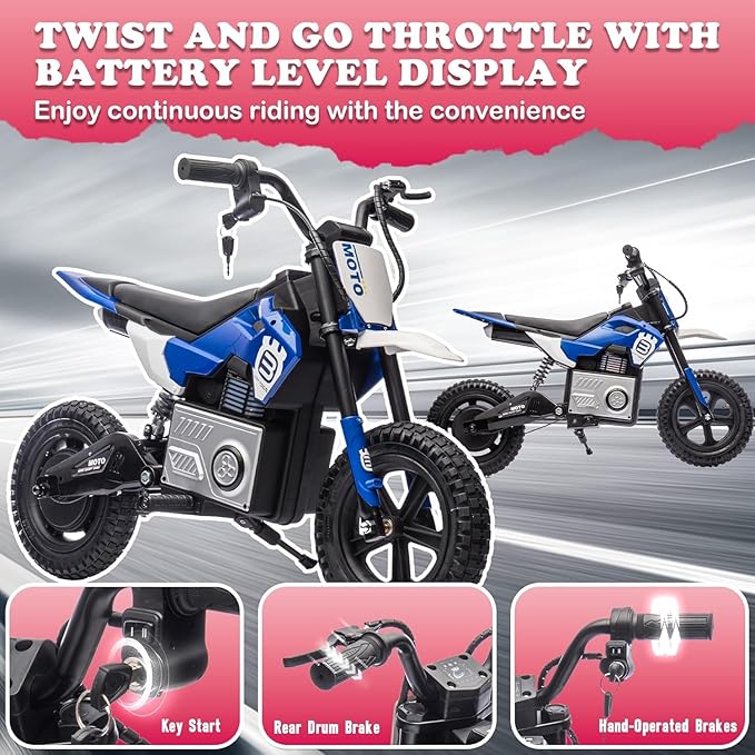 Electric Dirt Bike for Kids Ages 5-10, 24V 200W Higher Speed Electric Motorcycle, Kids Ride On Motorcycle with Rear Wheel Shock Absorber, LED Breathing Light, Bluetooth, Music, Horn, Blue