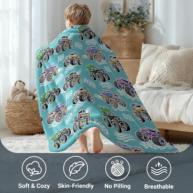 Monster Car Truck Gifts for Boys - Glow in The Dark Trucks Blanket Toys for Birthday Christmas Valentines Easter Presents for Kids Toddler Ages 2 3 4 5 6 7 8 9 10 11 12 13 Years Old Soft Throw 50"x60"