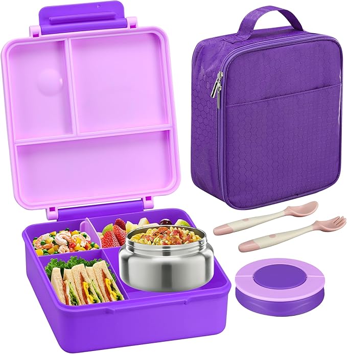 Itslife Bento Lunch Box for Kids with 8oz Soup Thermo&Lunch Bag, Leak-Proof Lunch Food Containers with 4 Compartment, Hot Food Insulated Food Jar for Kids School (Purple)