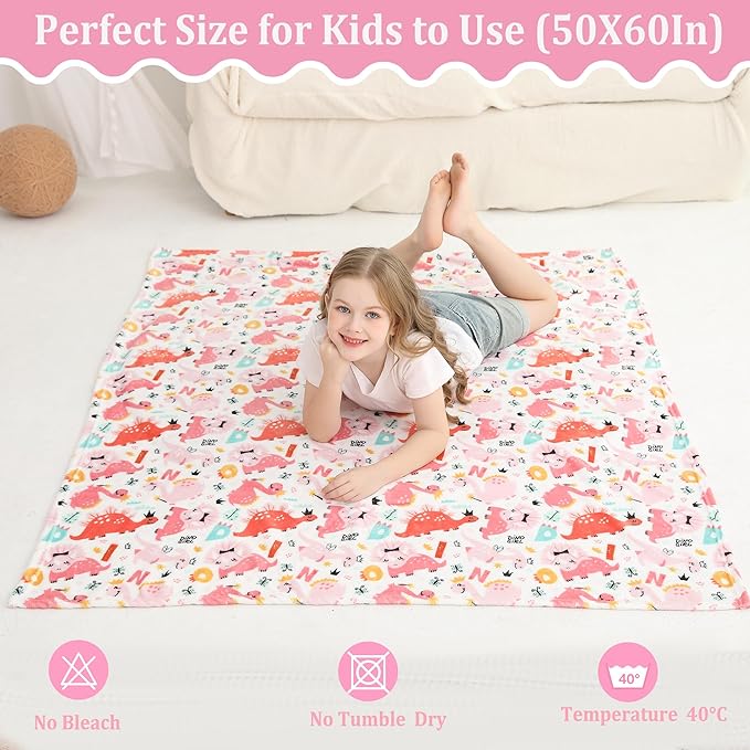 Softan Kids Throw Blanket for Girls & Boys, Warm Soft Toddler Fleece Blankets for Sofa Couch Bed， Cozy Fuzzy Plush Flannel Kids Throw Blanket for Daycare & School - Pink Dinosaur 50x60 inches